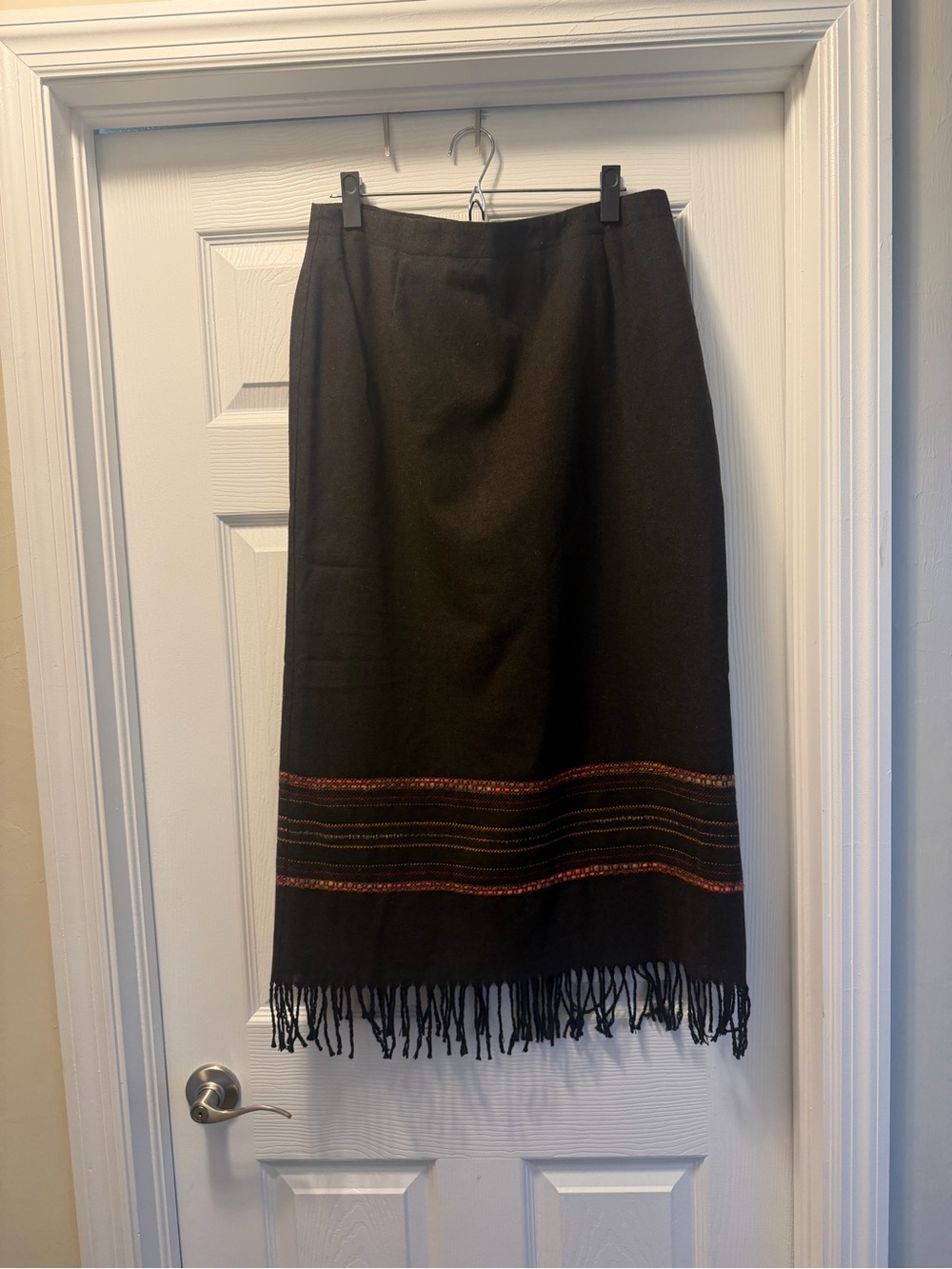 dressbarn Brown Midi Skirt with Fringe and Colorful Hem Stitching